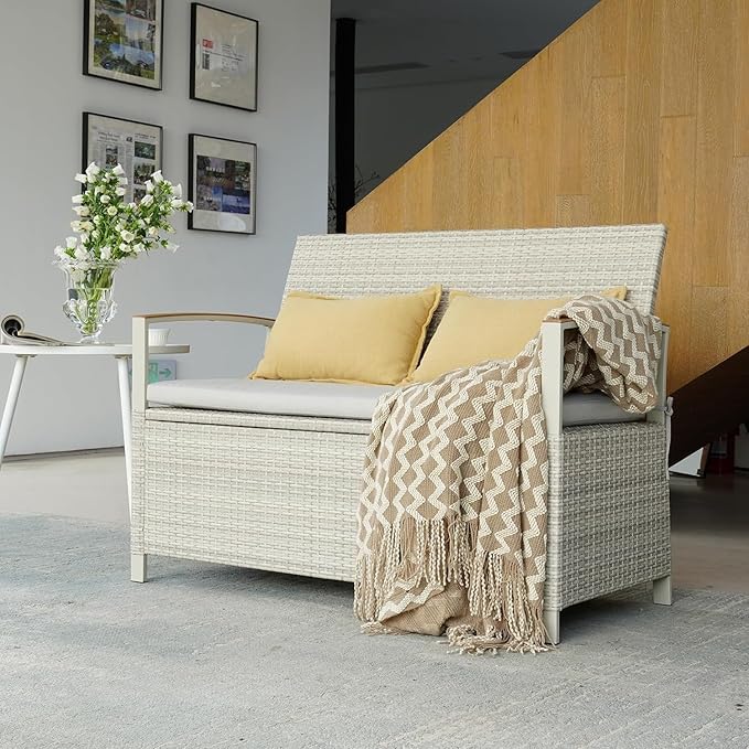 Grand patio Outdoor Storage Bench Deck Box with Olefin Cushion, Wicker Deck Box with Water Resistant Bag, Outdoor Seating for Front Porch, Store Garden Tools and Pool Storage (Grey)