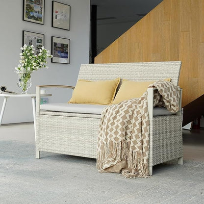 Grand patio Outdoor Storage Bench Deck Box with Olefin Cushion, Wicker Deck Box with Water Resistant Bag, Outdoor Seating for Front Porch, Store Garden Tools and Pool Storage (Grey)