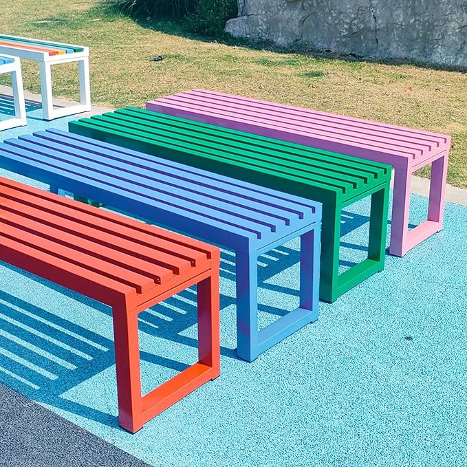 Outdoor Metal Garden Bench, Steel Frame Backless Design, Weatherproof for Lawn, Yard, Porch, and School Use