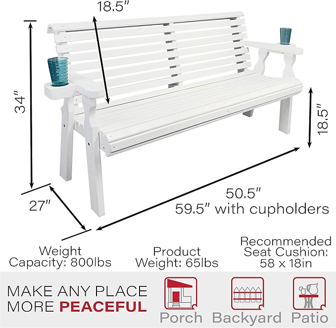 Amish Casual Heavy Duty Pressure Treated 4 Foot Outdoor Garden Bench with Cup Holders - Amish Crafted Roll Back Design in White Stain, 700 Lb Weight Capacity