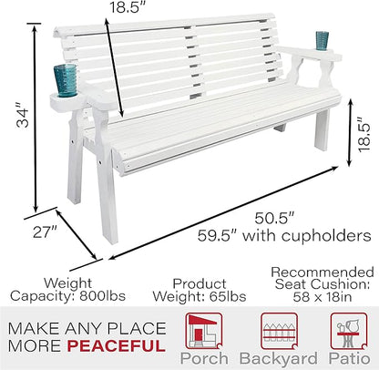 Amish Casual Heavy Duty Pressure Treated 4 Foot Outdoor Garden Bench with Cup Holders - Amish Crafted Roll Back Design in White Stain, 700 Lb Weight Capacity