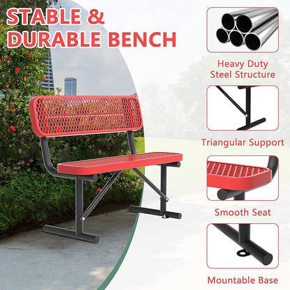 Park Benches for Outside - 48" Outdoor Metal Street Bench Heavy-Duty Steel Weatherproof Portable Garden Bench, Commercial Benches for Patio, Soccer, Park, Shopping Malls, Decks, Sports