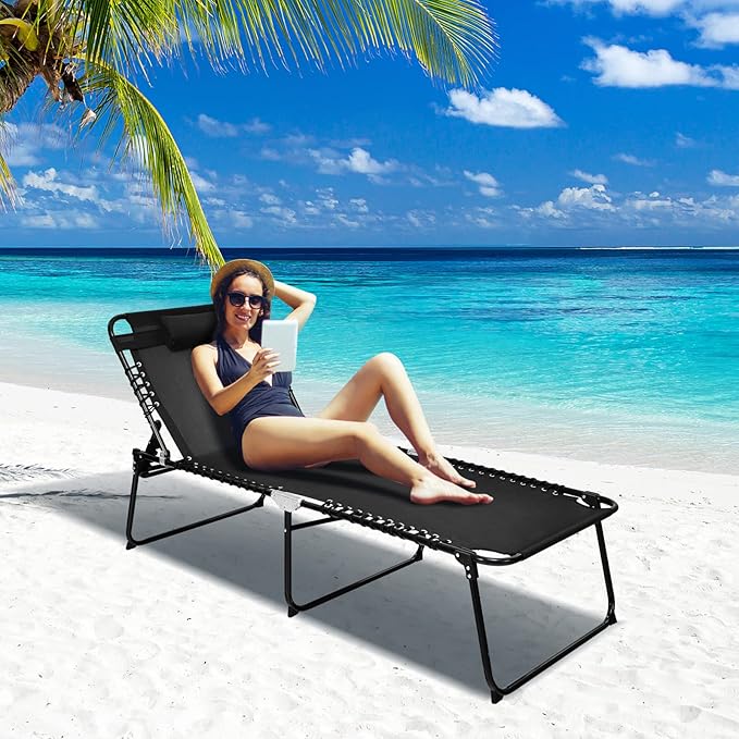 Goplus Chaise Lounge Chair Outdoor, Extra Large Folding 5-Postion Beach Lounge Chair with Detachable Pillow, Side Pocket, Sunbathing Lounge Chair, Adjustable Tanning Chair for Patio Lawn Pool Yard