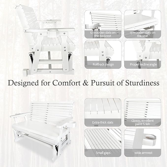 Fortune Candy Patio Glider with Cup Holders, High Roll Back and Deep Contoured Seat,Heavy Duty 800 Lb (White, 2-Seater) - Photo 5
