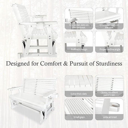 Fortune Candy Patio Glider with Cup Holders, High Roll Back and Deep Contoured Seat,Heavy Duty 800 Lb (White, 2-Seater)
