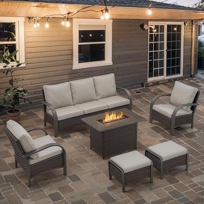 Belord 6 Pieces Patio Furniture Set with Fire Pit Table - 50000 BTU Propane Fire Pit, 2 Single Leisure Chairs - Photo 2