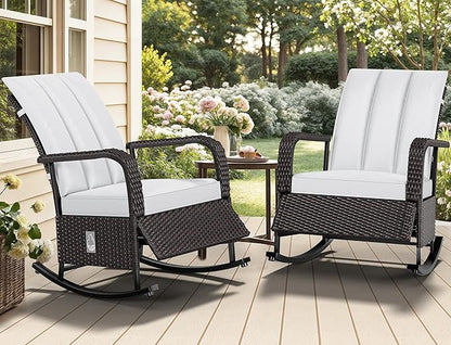 YITAHOME Outdoor Rocking Chair, Wicker Lounge Chair with Adjustment Backrest, PE Rattan Patio Recliner with Adjustable Footrest and Soft Cushions, Ideal for Garden Backyard Porch Patio