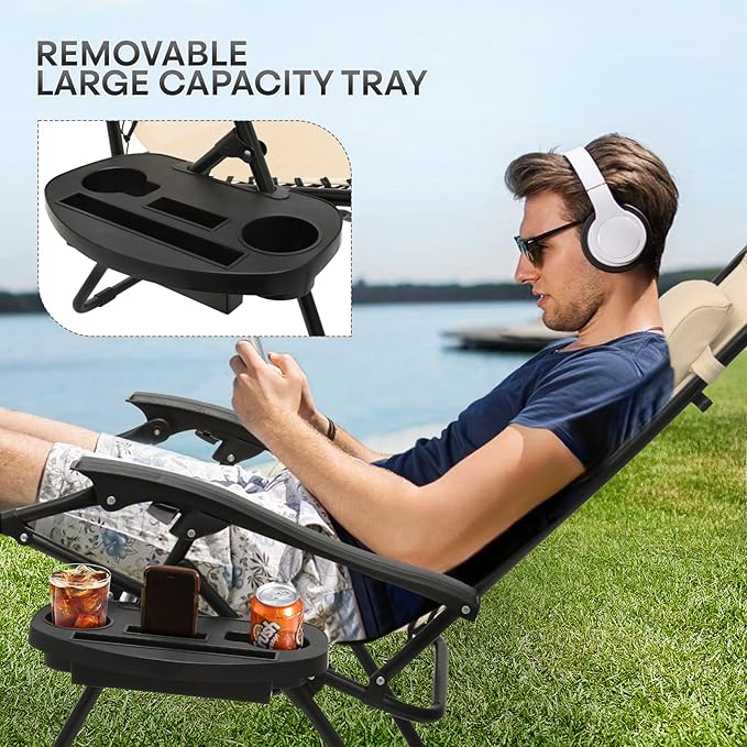 Athena Collection Zero Gravity Chair, Folding Lounge Chair, Reclining Camping Chair, Outdoor Zero Gravity Recliner with Adjustable Pillow and Cup Holder for Outside Beach Garden Patio Poolside -Cream