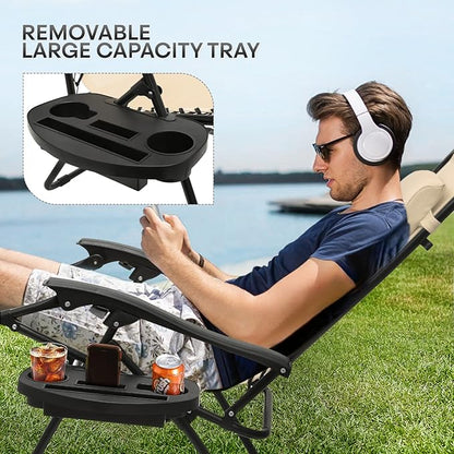 Athena Collection Zero Gravity Chair, Folding Lounge Chair, Reclining Camping Chair, Outdoor Zero Gravity Recliner with Adjustable Pillow and Cup Holder for Outside Beach Garden Patio Poolside -Cream