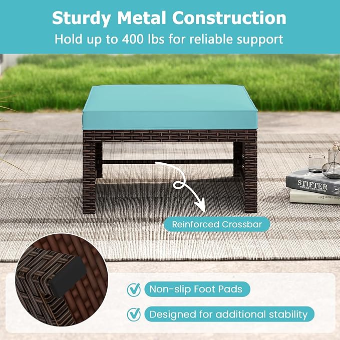 RELAX4LIFE Wicker Outdoor Ottoman Set of 2 - Rattan Footstools Foot Rest w/Removable Cushions - Photo 7