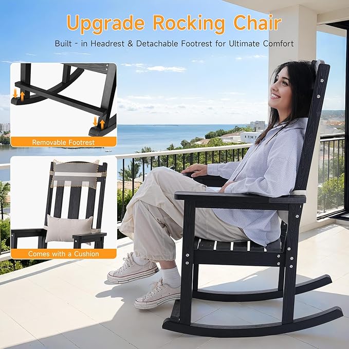 Outdoor Rocking Chair, Patio Rocking Chairs with High Back and Armrest, All Weather Oversized Porch Rocking Chairs 400 lbs Support, Black Rocking Chair with Headrest Footrest for Porch Backyard Garden
