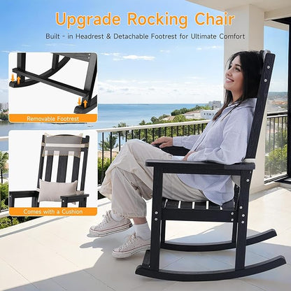 Outdoor Rocking Chair, Patio Rocking Chairs with High Back and Armrest, All Weather Oversized Porch Rocking Chairs 400 lbs Support, Black Rocking Chair with Headrest Footrest for Porch Backyard Garden