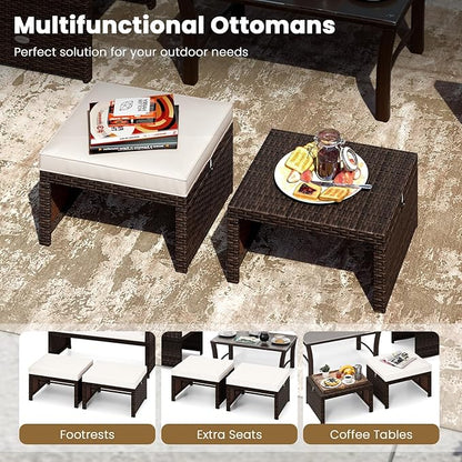 RELAX4LIFE Wicker Outdoor Ottoman Set of 2 - Rattan Footstools Foot Rest w/Removable Cushions, Multipurpose Side Table & Additional Seating, Outdoor Ottomans for Patio Garden Porch (Brown-White)