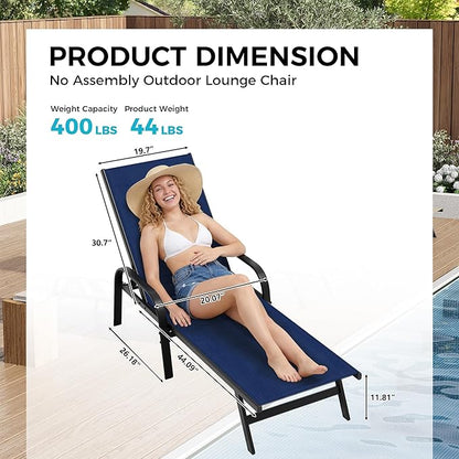 Outdoor Lounge Chair, Adjustable Patio Reclining Chaise with Textilene Fabric, Pool Lounge Chair with 5-Position Backrest for Patio, Garden, Poolside & Balcony,Navy Blue Set of 2