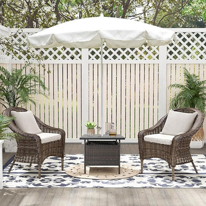 Tangkula Outdoor Wicker Table, Rattan Coffee Table with Umbrella Insert Hole, HDPE Tabletop & Sturdy Metal Frame, Patio Umbrella Side Table Stand for Backyard, Garden, Poolside (Mix Brown)