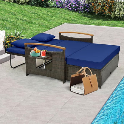 Tangkula Patio Rattan Daybed with 4-Level Adjustable Backrest, Outdoor Wicker Loveseat with Acacia Wood Armrest, Storage Ottoman & Folding Tray, Double Sunbed for Balcony, Backyard & Poolside (Navy)
