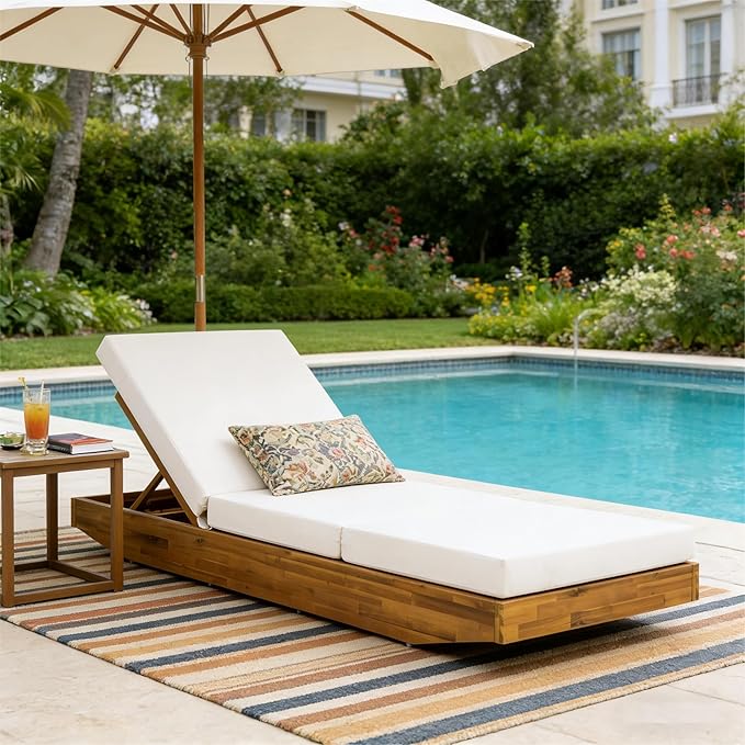 Acacia Wood Chaise Lounge with Cushion - Teak Finish Outdoor Recliner with Cream 3-Fold Water-Repellent Cushion, 300lbs Capacity