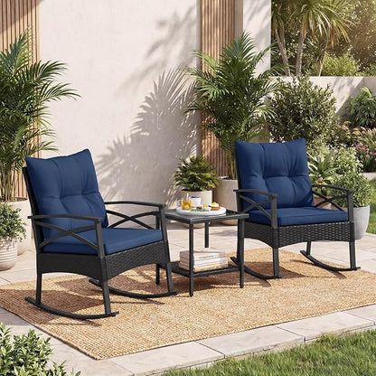 Tangkula 3 Pieces Outdoor Rocking Chairs Set, Rattan Heavy Duty Cushioned Rocker Chairs with 2-Tier Tempered Glass Coffee Table, for Garden, Balcony, Backyard (Black+Navy)