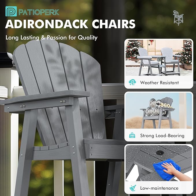 Tall Adirondack Chair Set of 4 with Double Connecting Tray, Recycled HDPE with Wood Grain, Weather Resistant, Outdoor Adirondack Chairs for Deck, Balcony, Patio, Backyard, Light Grey