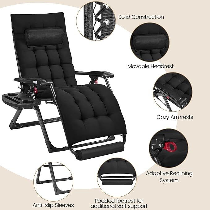 Yaheetech 26" Zero Gravity Chair Folding Reclining Lounge Recliner with Removable Pad & Headrest & Side Cup Holder Tray for Indoor and Outdoor Black/1