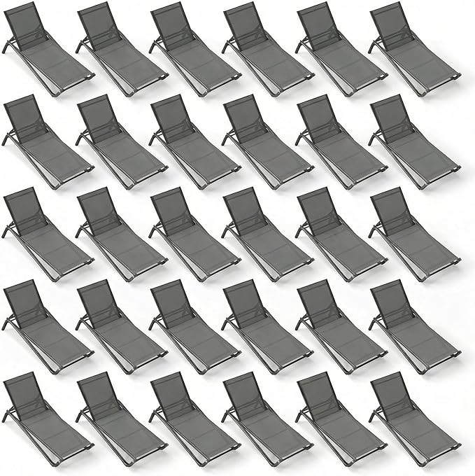 Outdoor Chaise Lounge Chair Set of 30, 5-Position Adjustable Patio Lounge Chair with Aluminum Frame, Textilene Fabric Pool Loung Chairs for Poolside, Deck, Backyard (Grey)