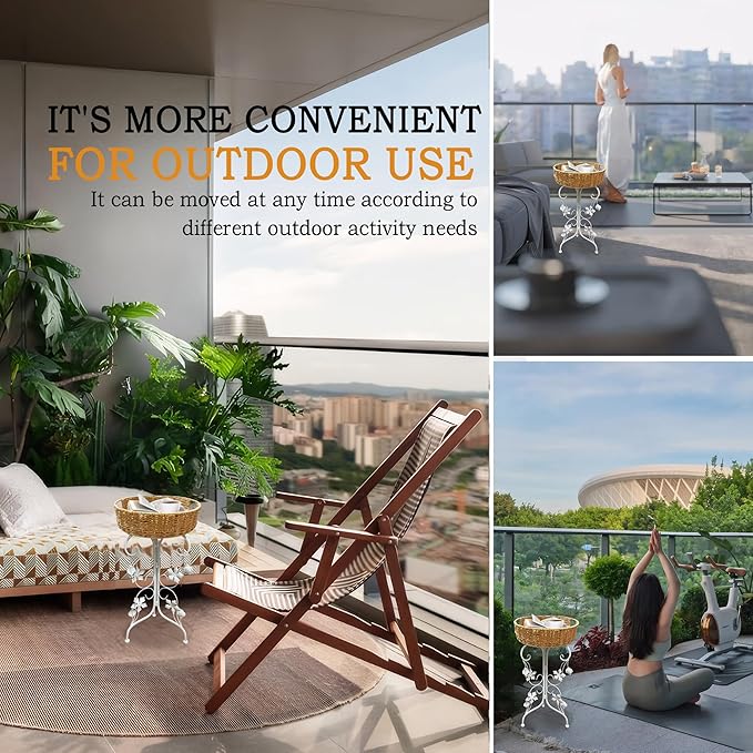 Outdoor Metal Patio Folding Side Table with Removable Wicker Tray, Boho Woven Rattan Plant Stand, Small Round Coffee end Table (Seagrass, White)