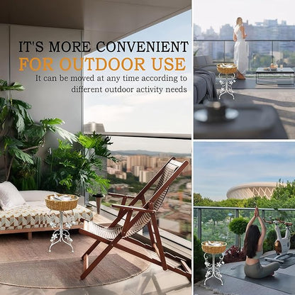 Outdoor Metal Patio Folding Side Table with Removable Wicker Tray, Boho Woven Rattan Plant Stand, Small Round Coffee end Table (Seagrass, White)