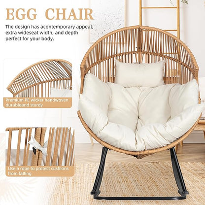 Vongrasig Wicker Rocking Egg Chair PE Rattan with Cushion, Oversized Patio Lounge Rocker Chair for Outdoor, Indoor, Livingroom, Backyard, Garden (Beige)