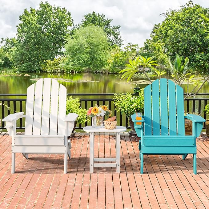 Giantex Adirondack Chair Outdoor Folding Chairs, HDPE Weather Resistant Patio Chair with Built-in Cup Holder Lawn Chair for Patio, Backyard, Balcony, Deck Outside Plastic Fire Pit Chair (4, White)