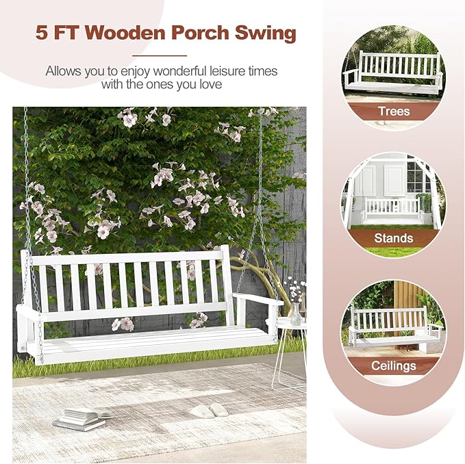 Tangkula 3 Person Wooden Porch Swing, Hanging Patio Swing with 2 Adjustable Galvanized Metal Chains, Slatted Back & Seat - Photo 5