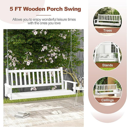 Tangkula 3 Person Wooden Porch Swing, Hanging Patio Swing with 2 Adjustable Galvanized Metal Chains, Slatted Back & Seat, Outdoor Swing Bench for Backyard Deck Garden, 5FT