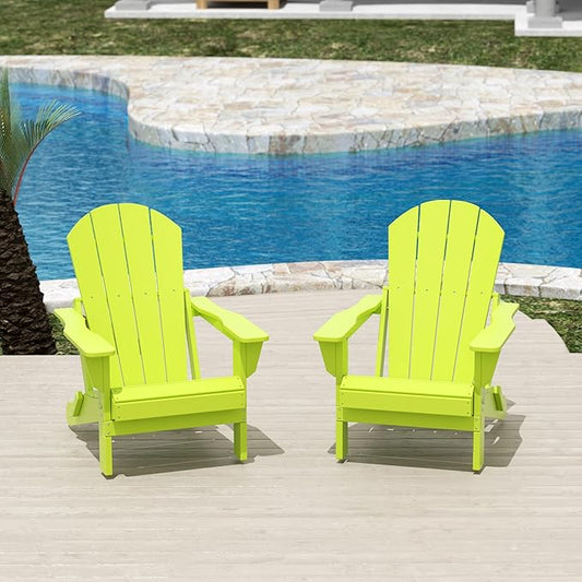 Costaelm Folding Patio Chairs Set of 2, Hdpe Adirondack Chairs Front Porch Furniture Outdoor Seating, All Weather Tanning Chair for Backyard Firepit Garden Lawn, Lime