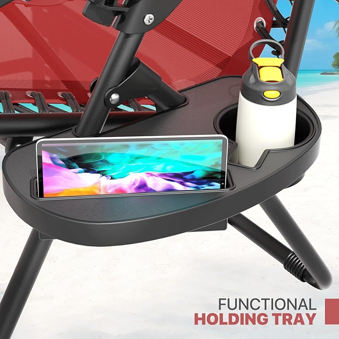 Magshion Folding Zero Gravity Chairs Set of 2, Outdoor Reclining Camping Chairs, Patio Lounge Recliners with Side Table & Cup Holder Tray, Maroon