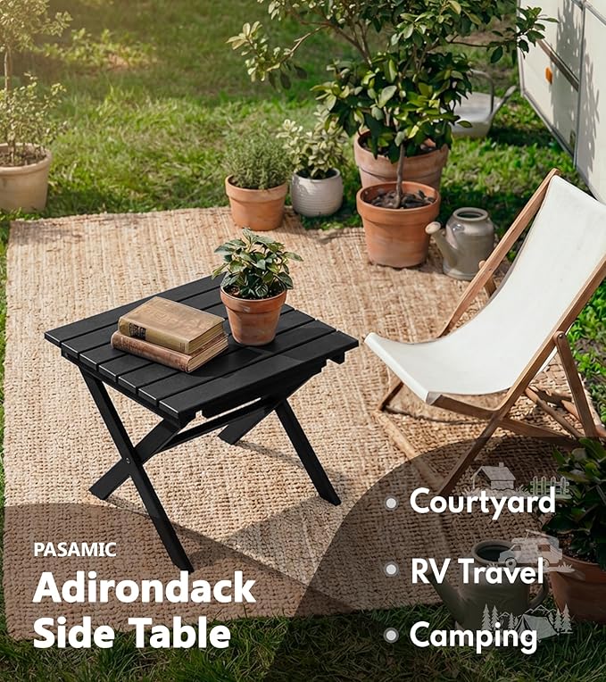 PASAMIC Folding Outdoor Side Table, Small Outdoor Table, Portable, No Assembly, Weather-Resistant HDPE End Table for Camping, RV, Poolside, Garden (Black)