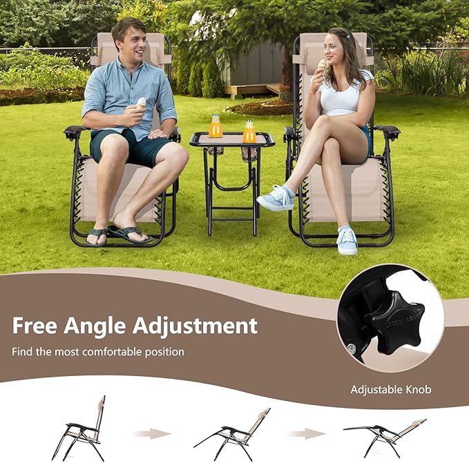 HAPPYGRILL Zero Gravity Lounge Chairs Set with Coffee Table, Folding Reclining Chairs with Side Table and Pillow, 3 Pieces Adjustable Patio Lawn Recliner Set for Outdoor Garden Camp Travel