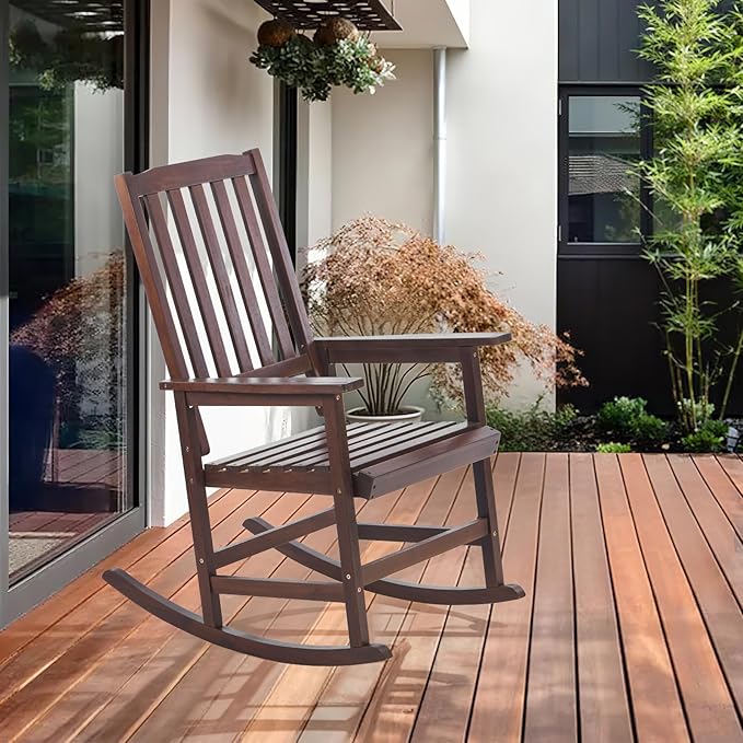Wooden Outdoor Rocking Chairs, Porch Rocker for Patio,Deck,Garden, Indoor Outdoor Use, Suitable for Kids, Acacia Wood, Dark Brown