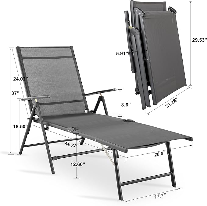 NUU GARDEN Folding Beach Lounge Chair 2-Pack,Chaise Lounge with Iron Frame and Breathable Textilene Fabric for Beach, Yard, Pool and Patio, Grey