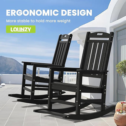 LOUNZY Outdoor Rocking Chair with Footboards Set of 5, HDPE Rocking Chair Patio Porch Rocker with 380lbs Support for Adult, Black