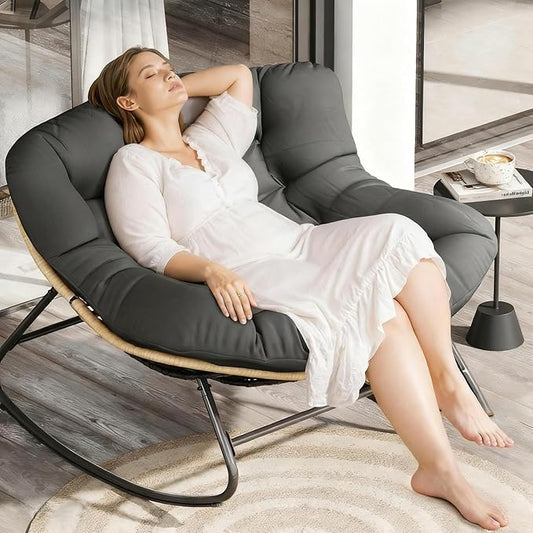 Fancyango Oversized Egg Rocking Chair for Indoor/Outdoor – All-Weather Wicker Rattan Lounge Chair with Cushion, Patio Rocker for Porch, Garden, or Balcony (Dark Grey1, 37.8" D x 36.6" W x 33" H)