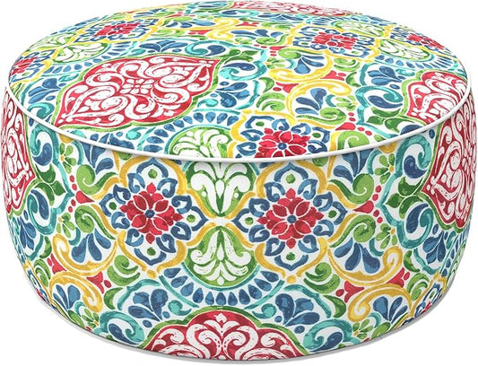 LVTXIII Indoor/Outdoor Inflatable Ottoman with Handle D21 x H9 Inch, Weather-Resistant Round Footstool Pouf for Patio Camping Living Room, Portable Footrest Extra Seating, Damask Red