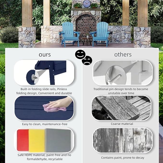 Folding Adirondack Chair Set of 6，Wooden Textured Fire Pit Chair with Cup Holder, Heavy All-Weather HDPE Plastic Outdoor Patio Chairs for Poolside Backyard Patio Outdoor Garden