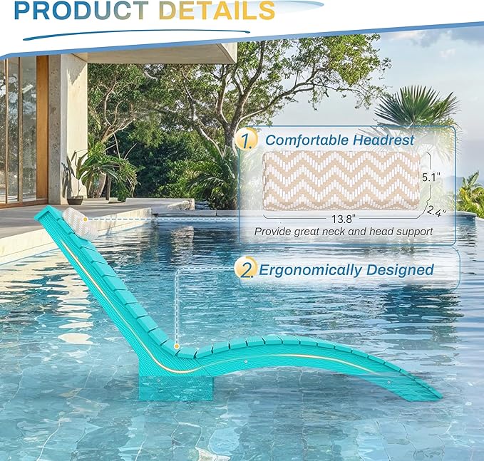 Pool Lounge Chairs Outdoor Set of 2，HDPS Long Pool Chairs for in Pools, Weighted All Weather Tanning Chair with Headrest，Chaise Lounge for Outside Beach Patio Sun Bathing Hotel, Aruba Blue