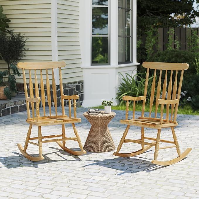 Tangkula Patio Rocking Chair Solid Wood, Outdoor Porch Rocker Chair with Rubber Wood Frame, Indoor Wooden Rocking Chair, Ideal for Garden, Backyard & Balcony (1, Natural)