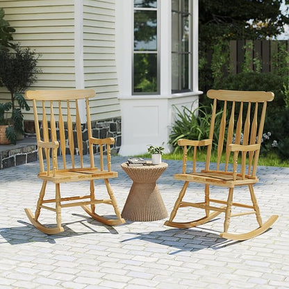 Tangkula Patio Rocking Chair Solid Wood, Outdoor Porch Rocker Chair with Rubber Wood Frame, Indoor Wooden Rocking Chair, Ideal for Garden, Backyard & Balcony (1, Natural)