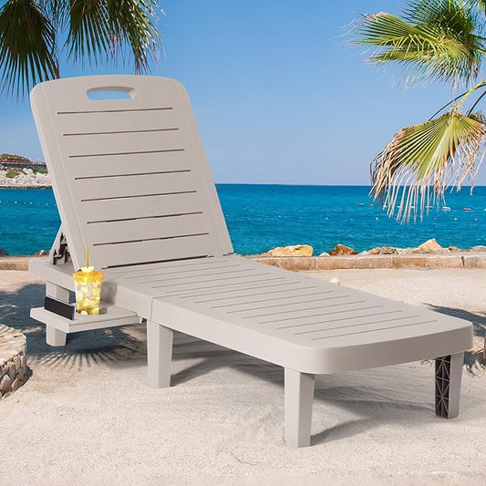 CDCASA Chaise Lounge Outdoor, Multi-Functional Pool Lounge Chairs w/5 Adjustable Positions & Side Tray, Waterproof Resin Lounges for Poolside,Yard,Garden,Sunbathing, for All Weather, Grey
