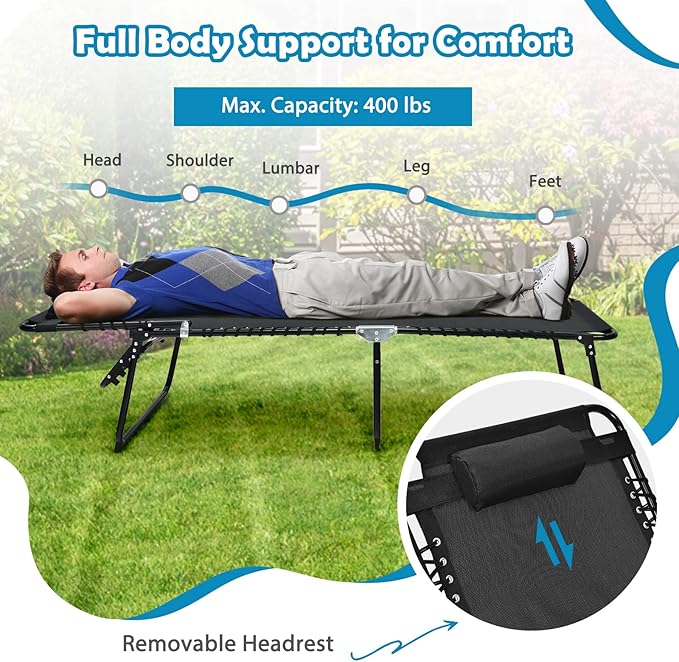 Tangkula Widen Folding Chaise Lounge Chair, Portable Camping Recline Chair w/4 Backrest Positions, 2 Leg Positions, Pillow, Sunbathing Beach Chair for Outdoor, Lawn, Patio, Support 400lbs (1, Black)