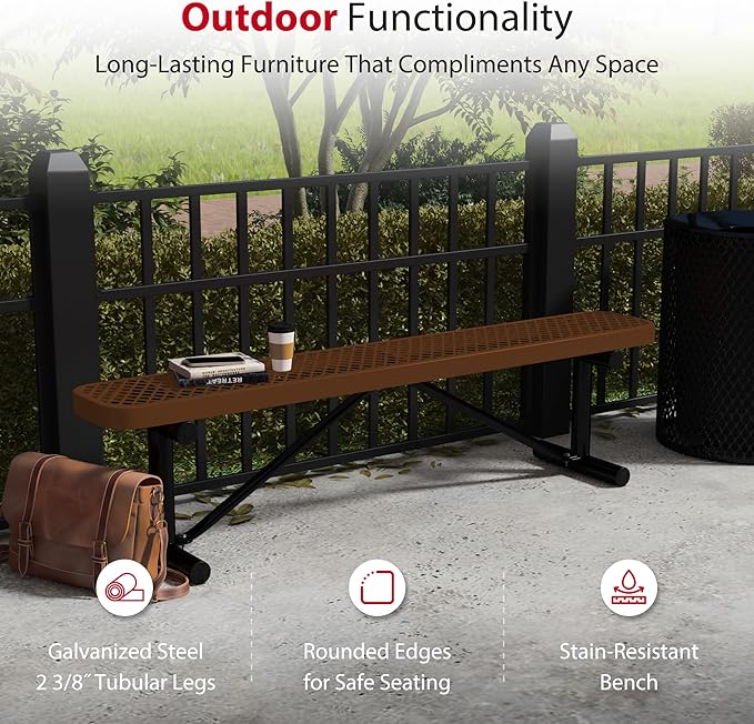 Leisure Craft Metal Outdoor Bench - 6 Foot Heavy Duty Backless Bench Seating for Garden, Porch, Picnic, Park, Expanded Metal, Thermoplastic Coating, Commercial Grade Furniture Made in USA - Brown