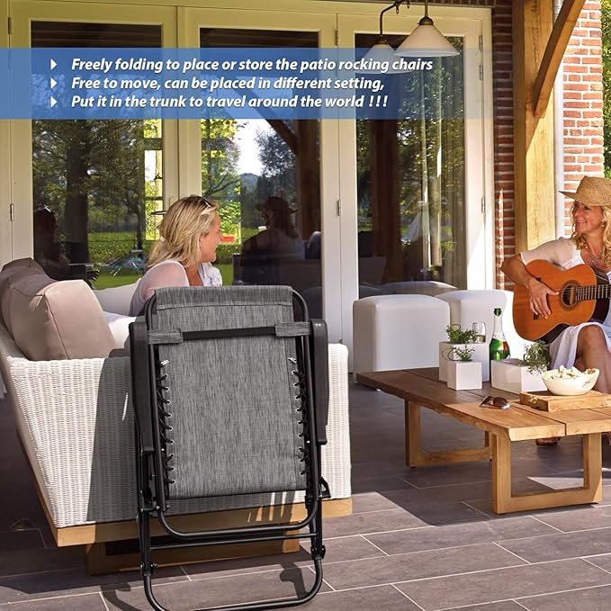 Devoko Patio Rocking Zero Gravity Chair Outdoor Wide Recliner Chair for Lawn Beach Camping Poolside with Headrest Pillow (Grey)