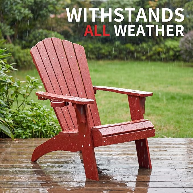 Psilvam Adirondack Chair, Oversized Poly Lumber Fire Pit Chair with Cup Holder, 350Lbs Support Patio Chairs for Garden, Weather Resistant Adirondack Chair Looks Like Real Wood (4, Red)