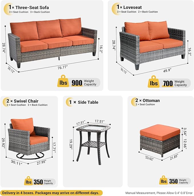 ovios Patio Furniture Set, 7 Pieces Outdoor Wicker Sofa Couch with Swivel Rocking Chairs Loveseat Comfy Cushions Rattan - Photo 7